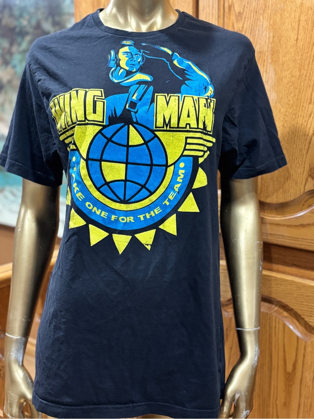 Men's Black Graphic Crewneck Tee with Yellow & Blue Print